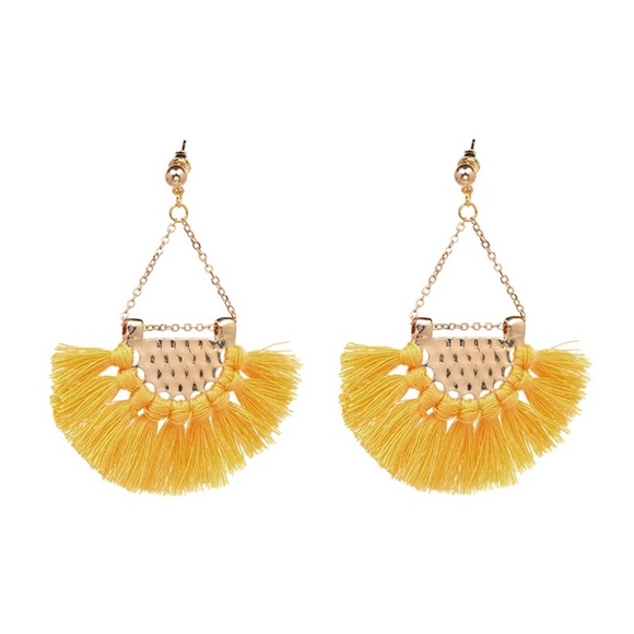 Yellow & Gold Tassel Fringe Boho Dangle Earrings - Picture 2 of 3
